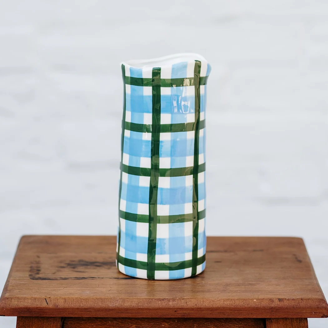 Medium Gingham Vase - Cornflower Blue & Emerald Green