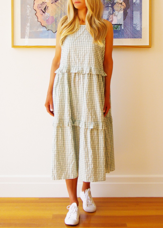 Rosie Sleeveless Cotton Gingham Dress - Granite Green