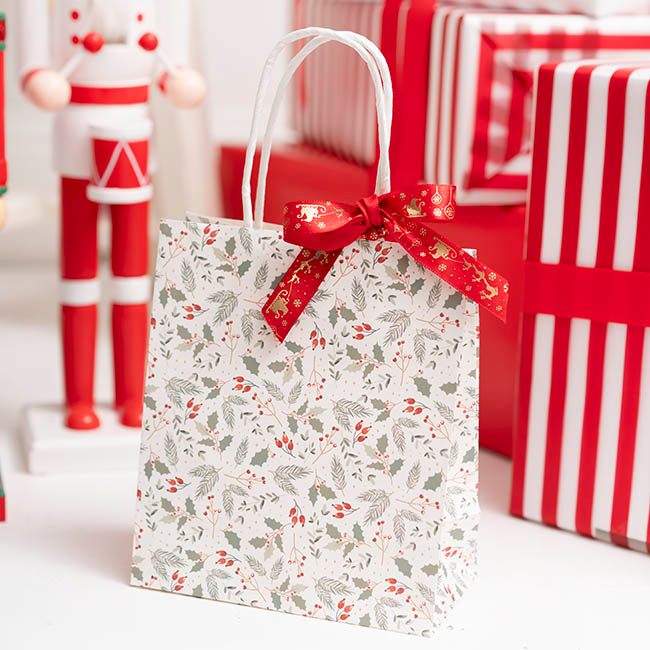 Mini Xmas Paper Bag - Holly White