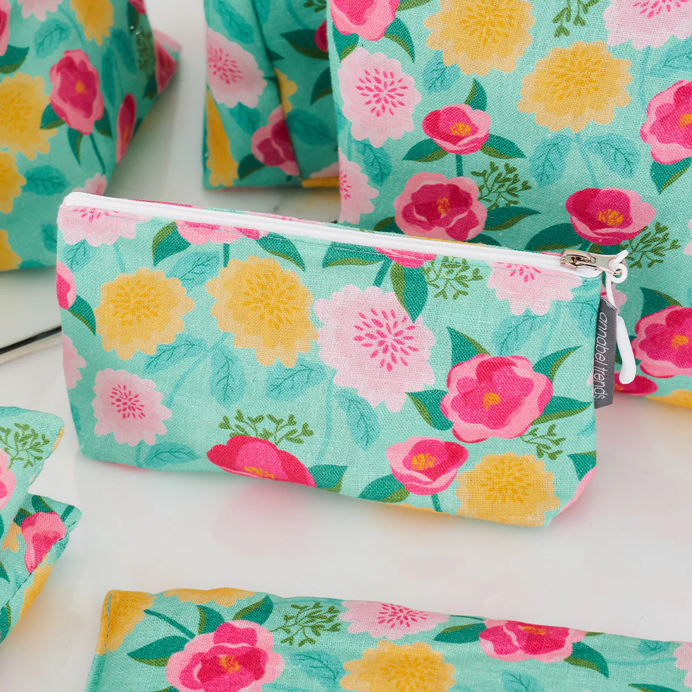 Large Linen Cosmetic Bag - Camellias Mint