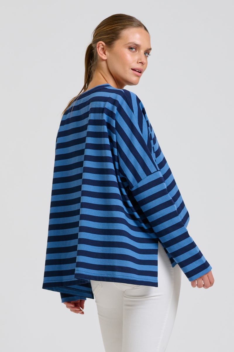 Breton V Neck Top - Navy Stripe