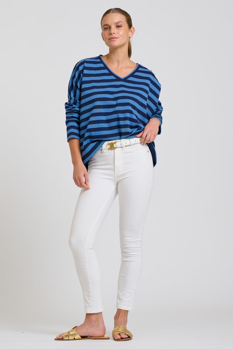 Breton V Neck Top - Navy Stripe