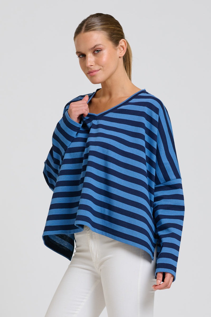 Breton V Neck Top - Navy Stripe