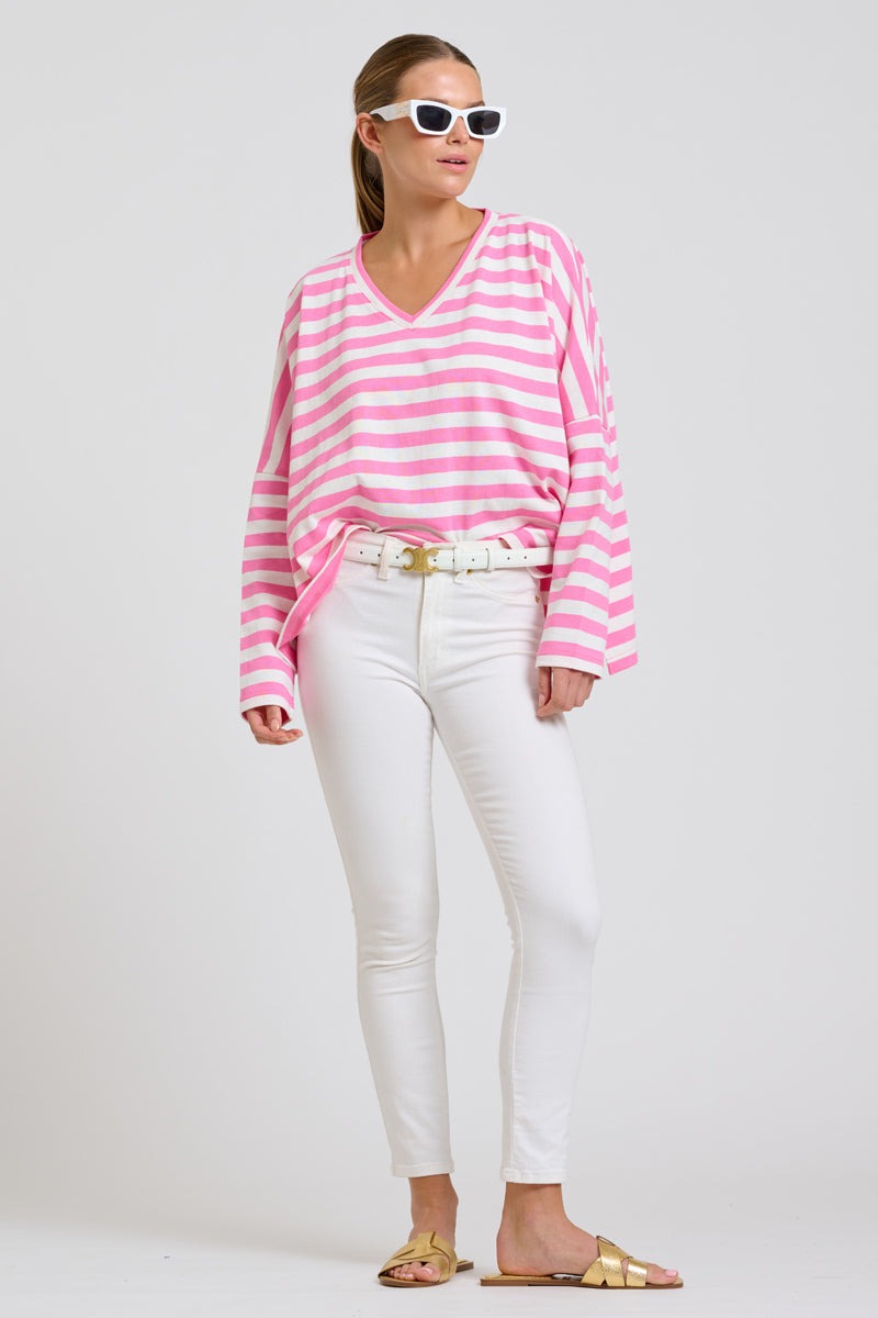 Breton V Neck Top - Pink Stripe