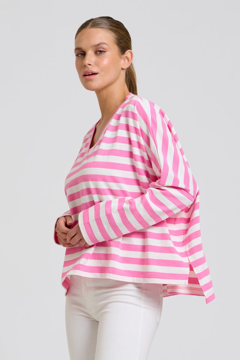 Breton V Neck Top - Pink Stripe