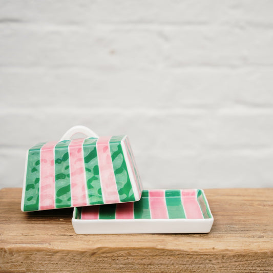 Butter Dish - Pink & Green Stripe