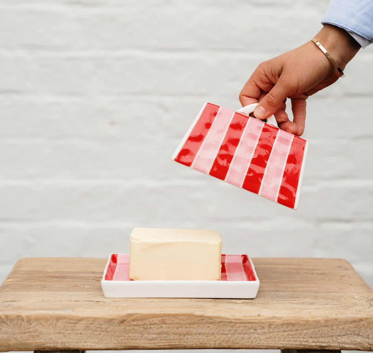 Butter Dish - Red & Pink Stripe