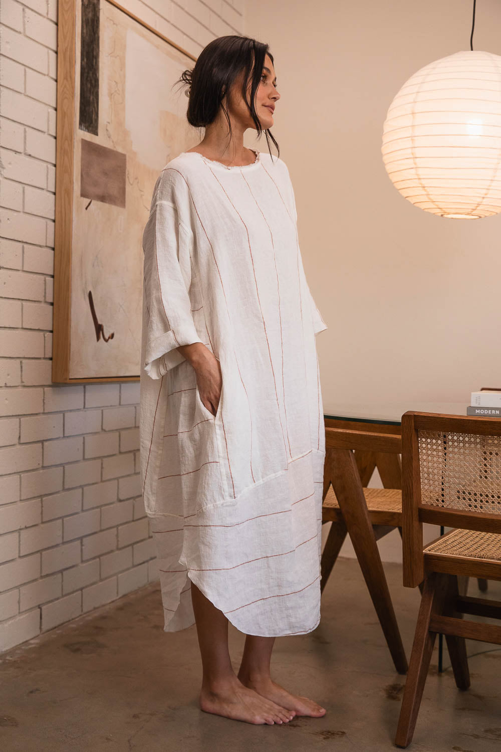 Carter Malle Linen Dress - Off White Nutmeg Fine Stripe