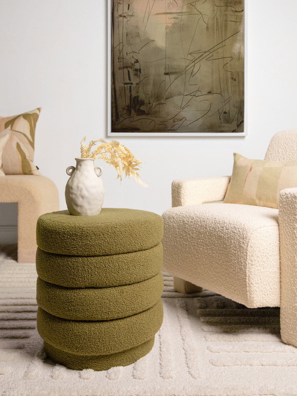 Luca Round Boucle Stool - Olive