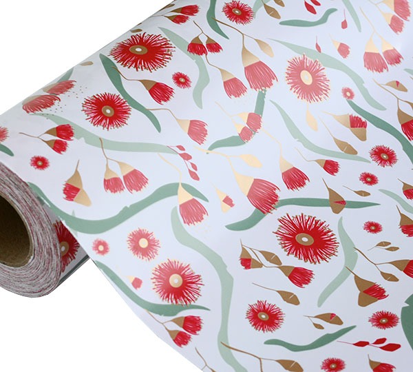 Flowering Gum Gift Wrap - Red/Sage/Gold On White