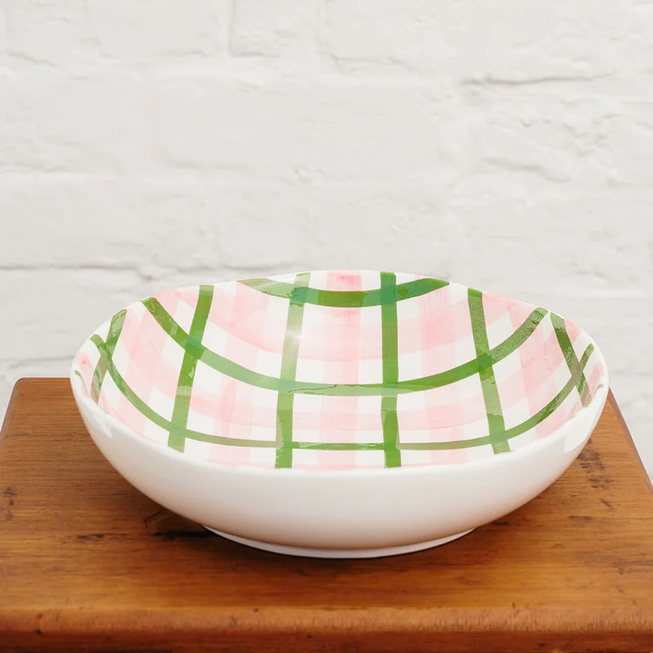 Gingham Salad Bowl - Pink & Dark Green