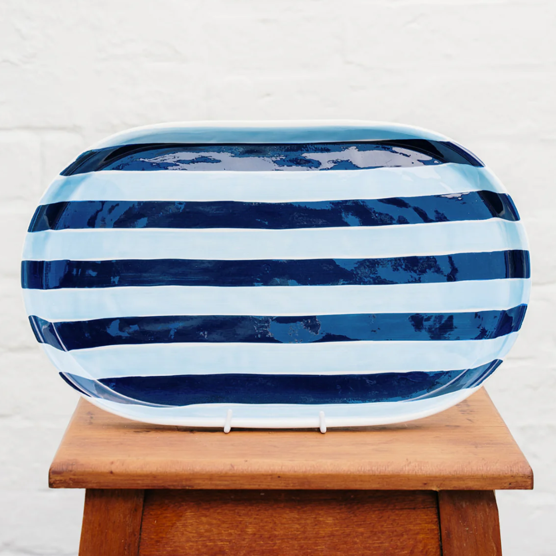 Oval Platter - Navy & Cornflower Blue Stripes