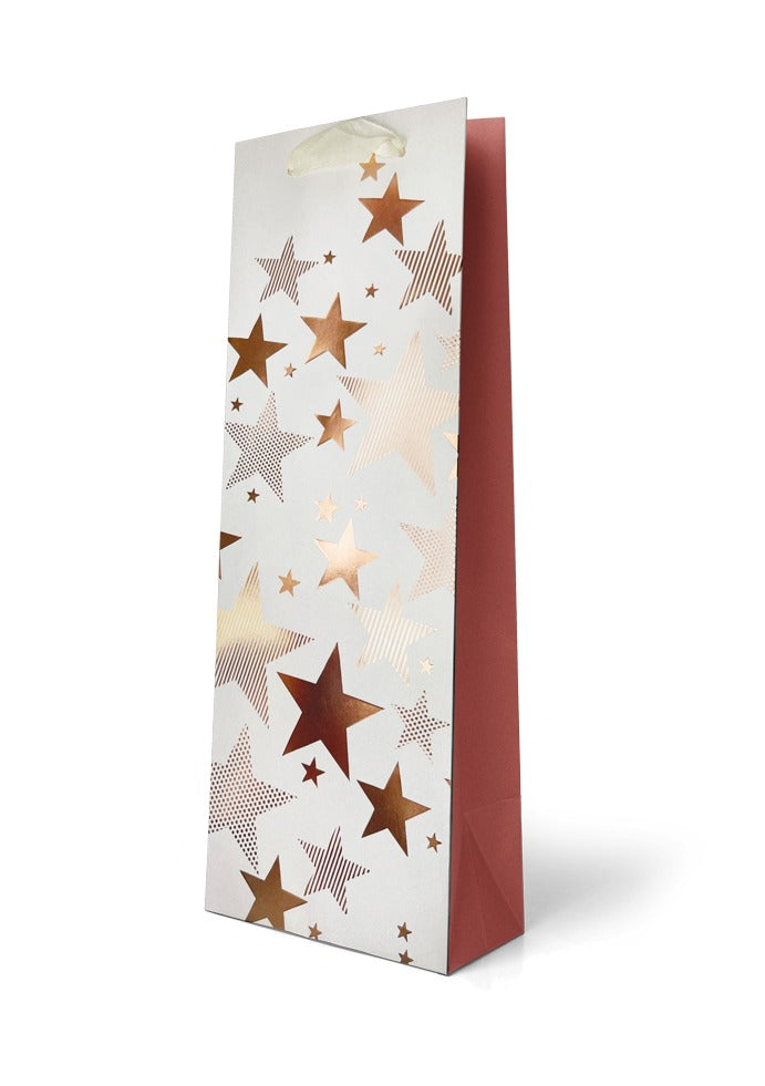 Gift Bag Bottle - Foiled Gold Stars on White