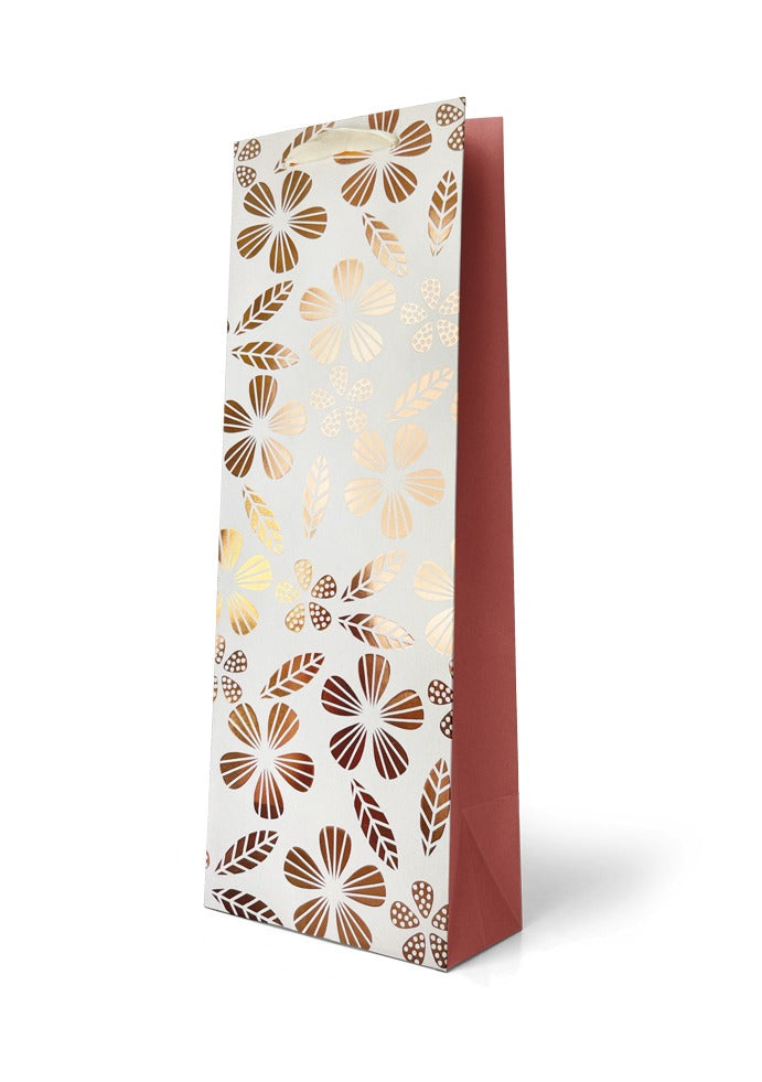 Gift Bag Bottle - Foiled Pink Flowers on White