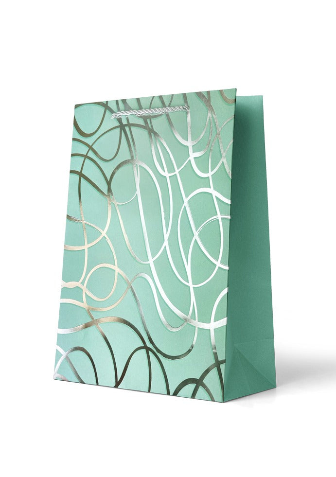 Gift Bag Large - Foiled Silver Lines on Aqua