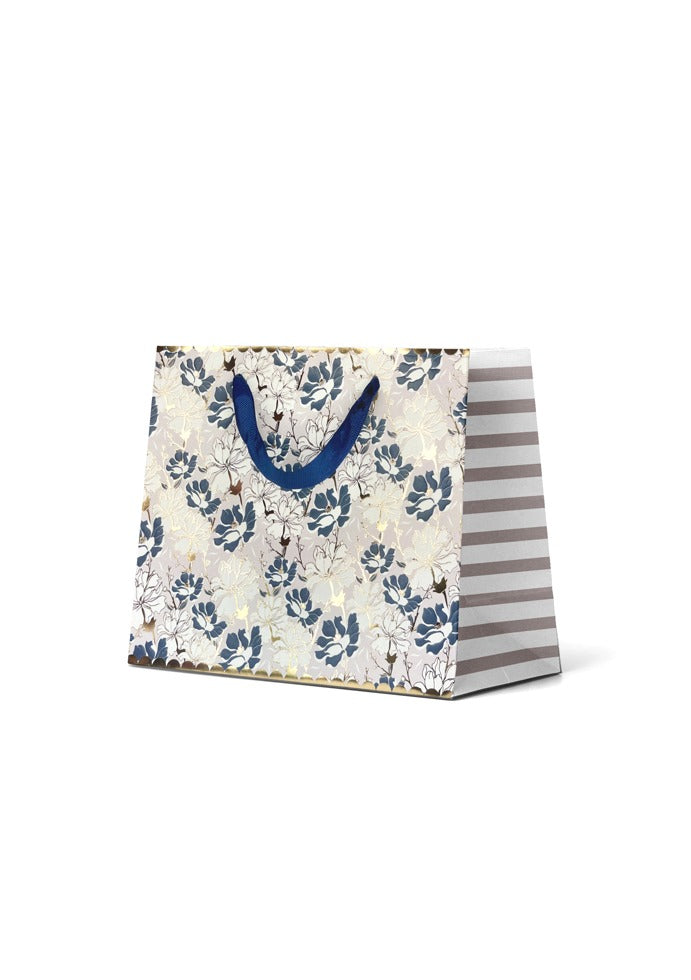 Gift Bag Medium - Embossed & Foiled Blue & Gold Flowers