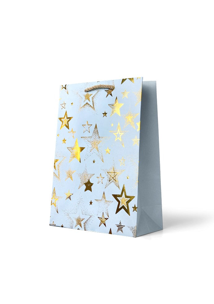 Gift Bag Medium - Foiled Gold Stars on Light Blue