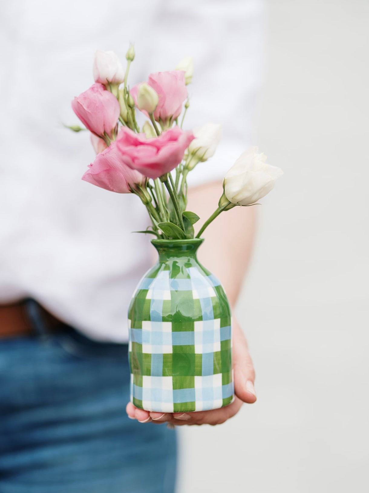 Gingham Bud Vase - Emerald Green & Cornflower Blue