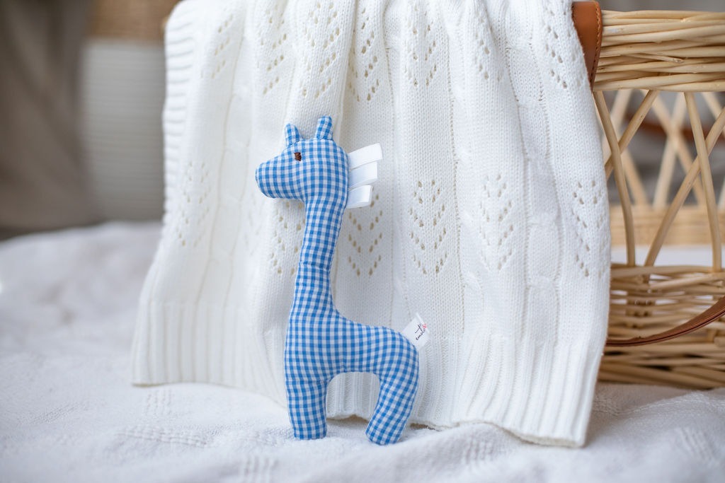 Gingham Giraffe Rattle – Blue