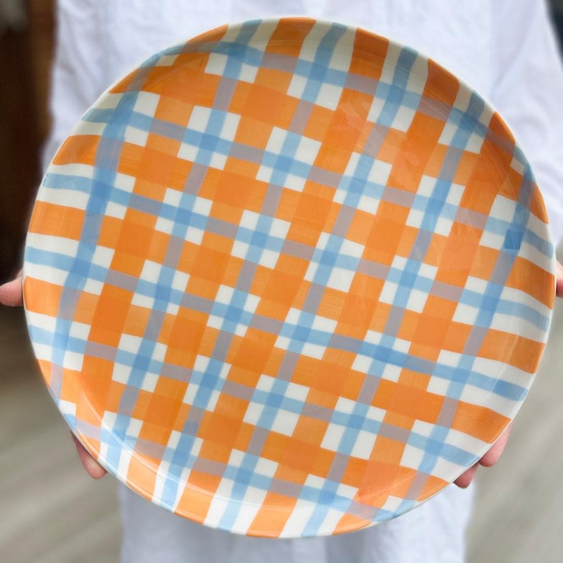 Gingham Platter - Orange & Cornflower Blue