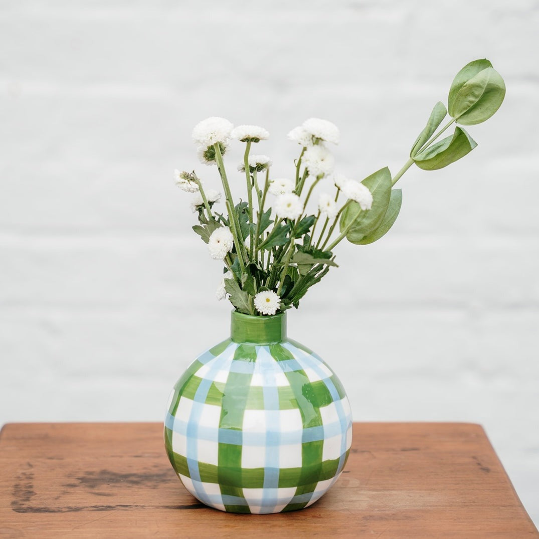 Gingham Round Bud Vase - Emerald Green & Cornflower Blue