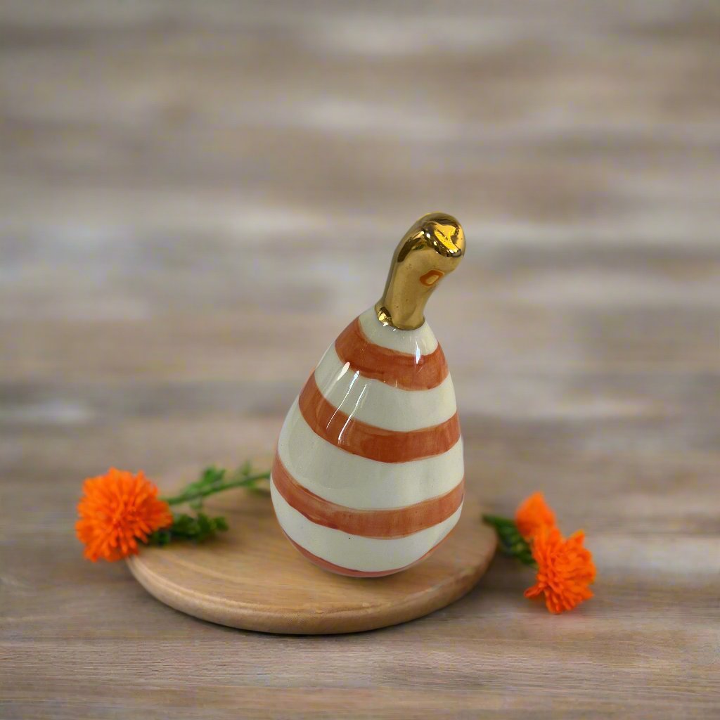 Medium Ceramic Pear with Golden Stalk - Orange Stripe