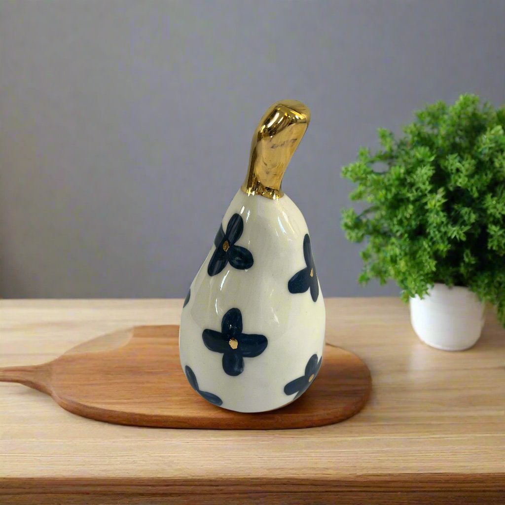 Large Ceramic Pear with Golden Stalk - Navy Flower