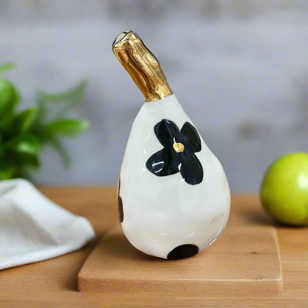 Large Ceramic Pear with Golden Stalk - Black Flower