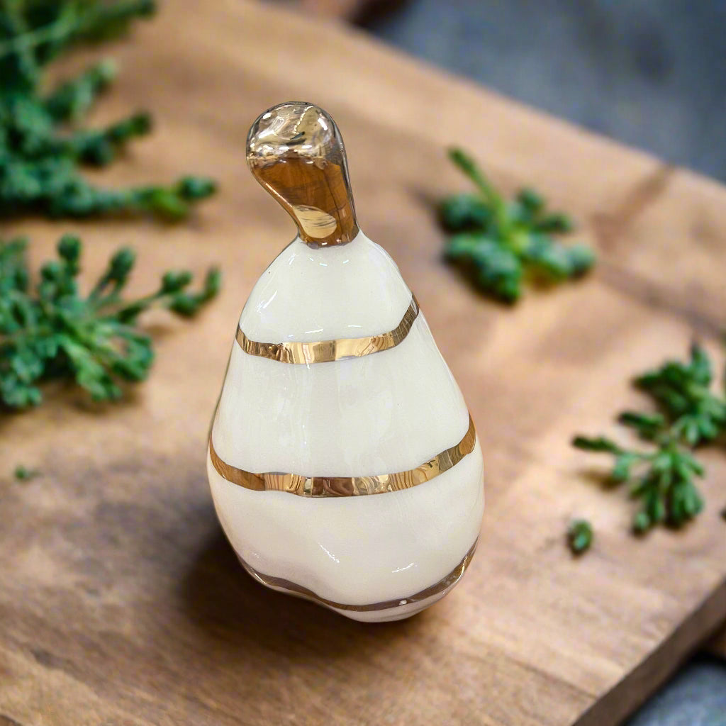 Large Ceramic Pear with Golden Stalk - Gold Stripe