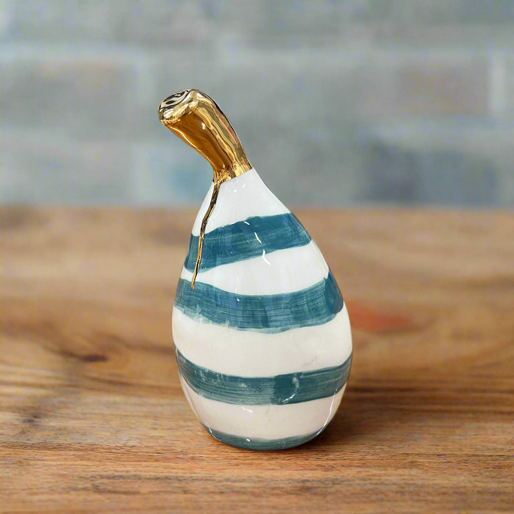 Large Ceramic Pear with Golden Stalk - Green Stripe
