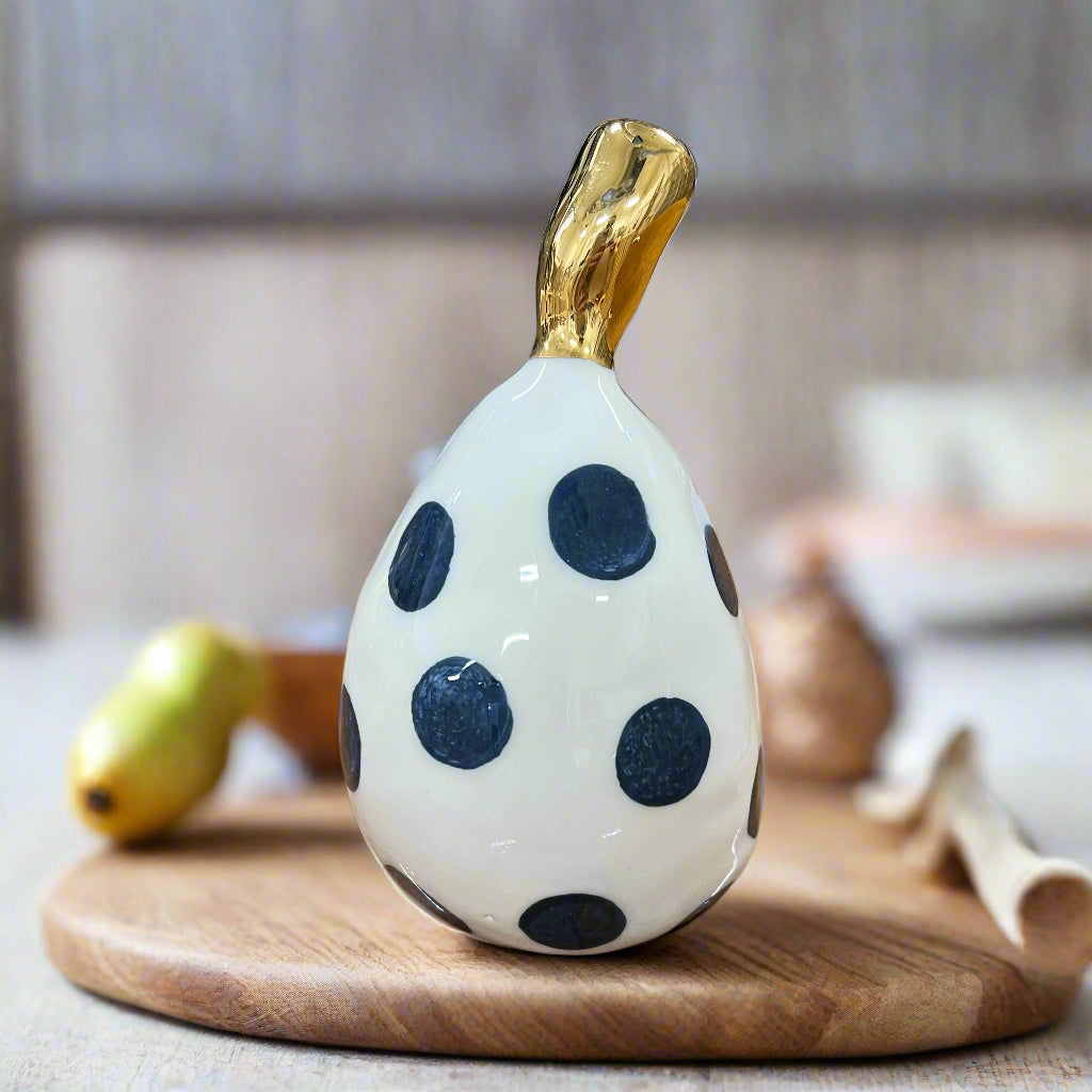Large Ceramic Pear with Golden Stalk - Navy Spot