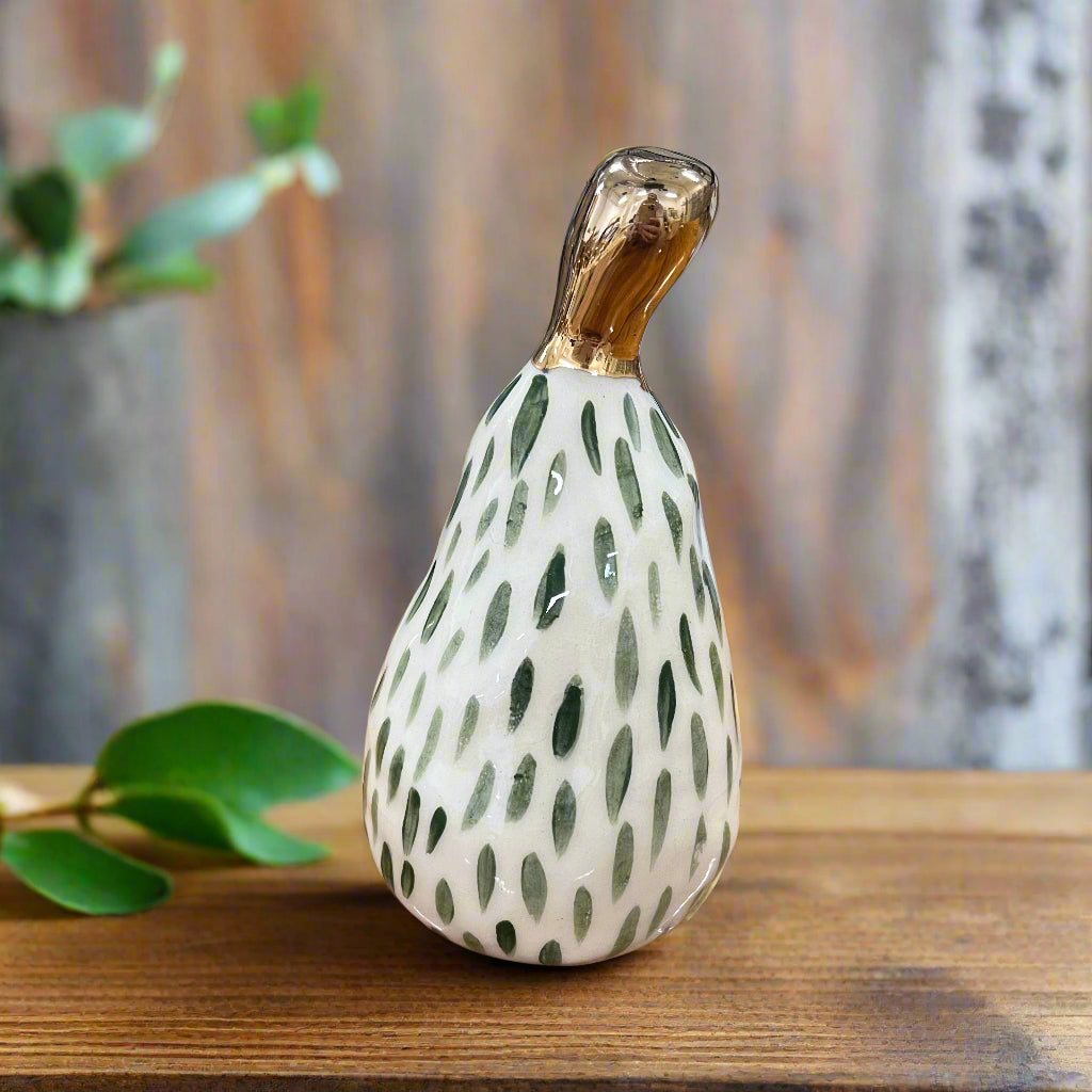 Large Ceramic Pear with Golden Stalk - Small Stripe Green