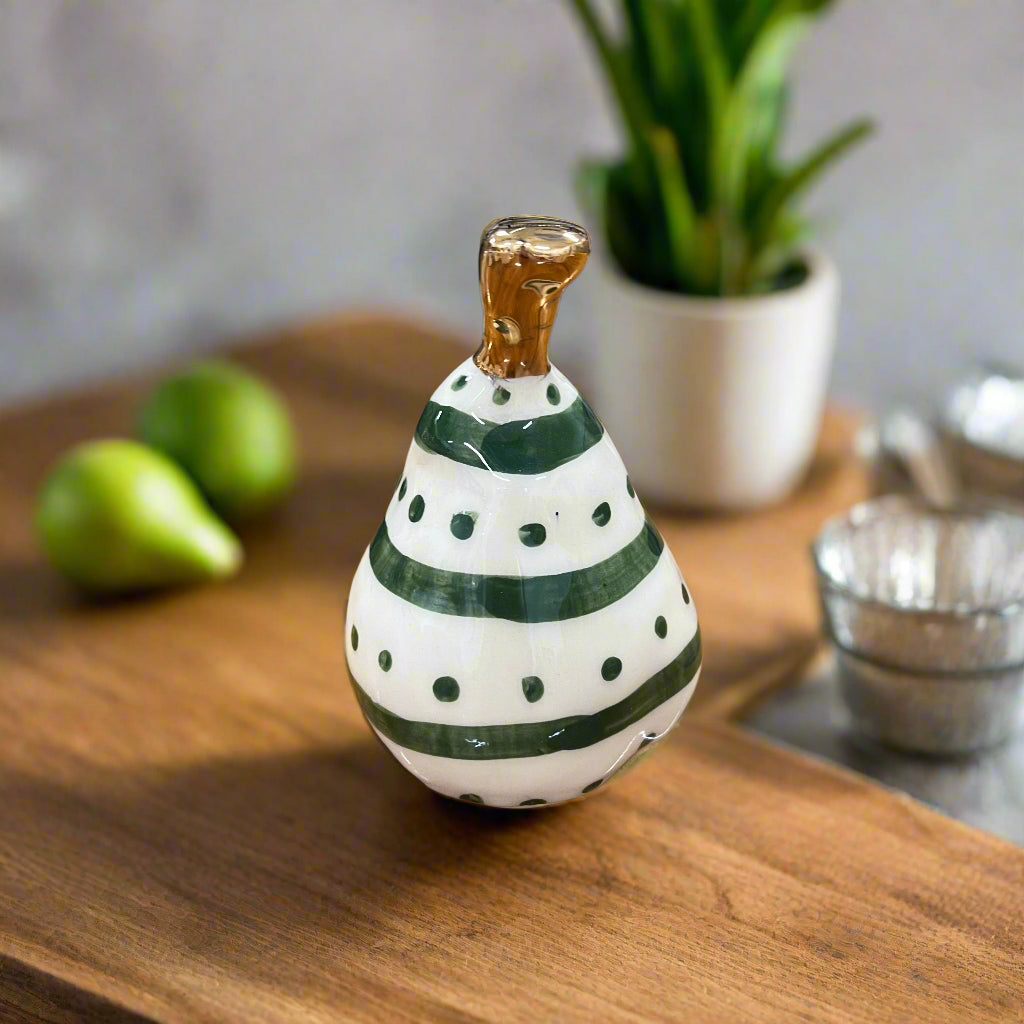 Medium Ceramic Pear with Golden Stalk - Green Stripe and Spot