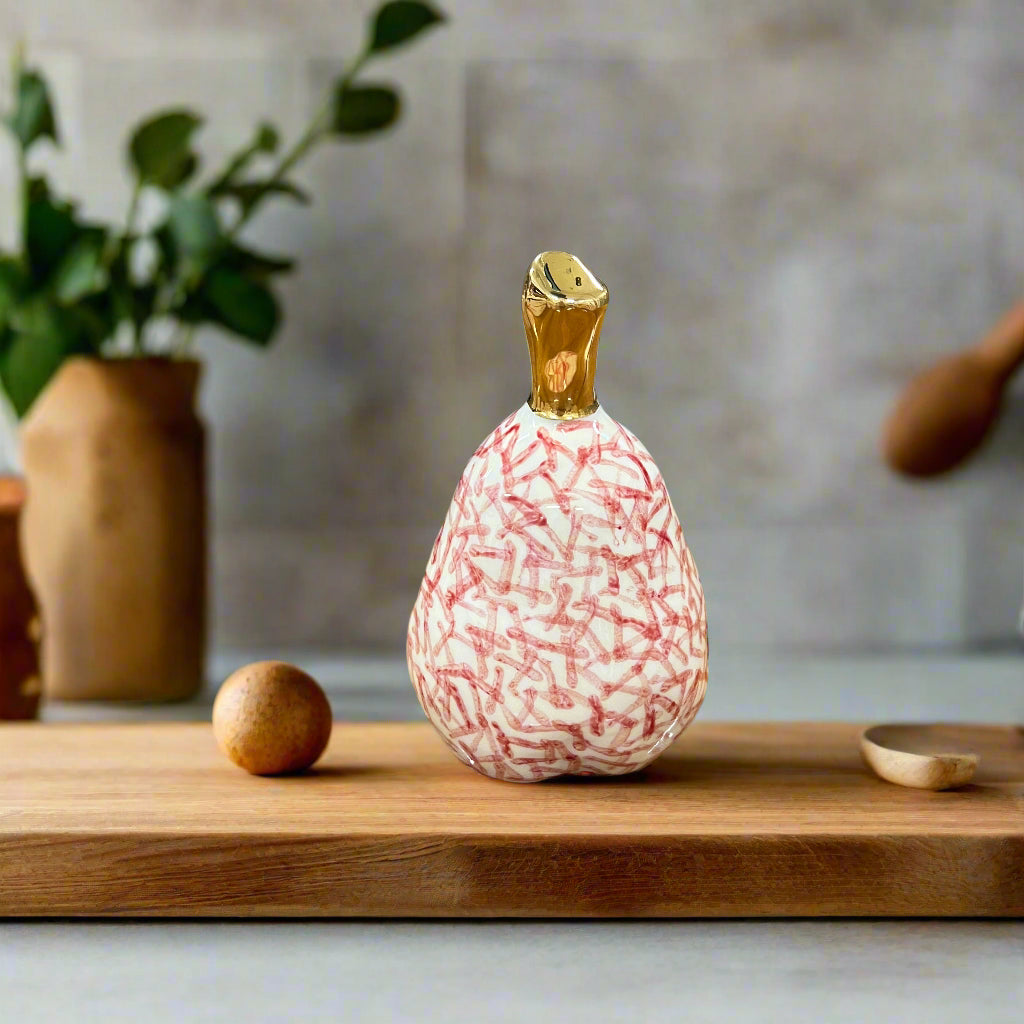 Medium Ceramic Pear with Golden Stalk - Red Pattern