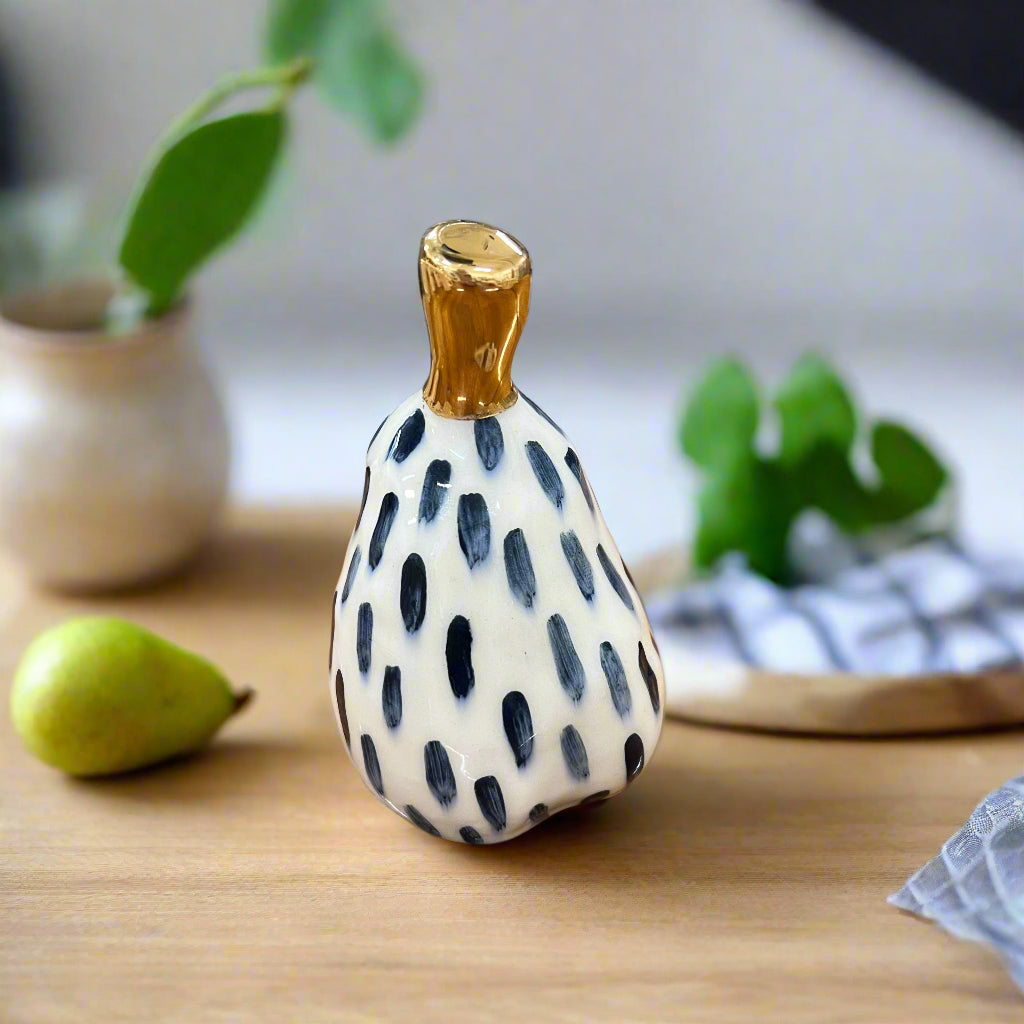 Medium Ceramic Pear with Golden Stalk - Small Navy Stripe