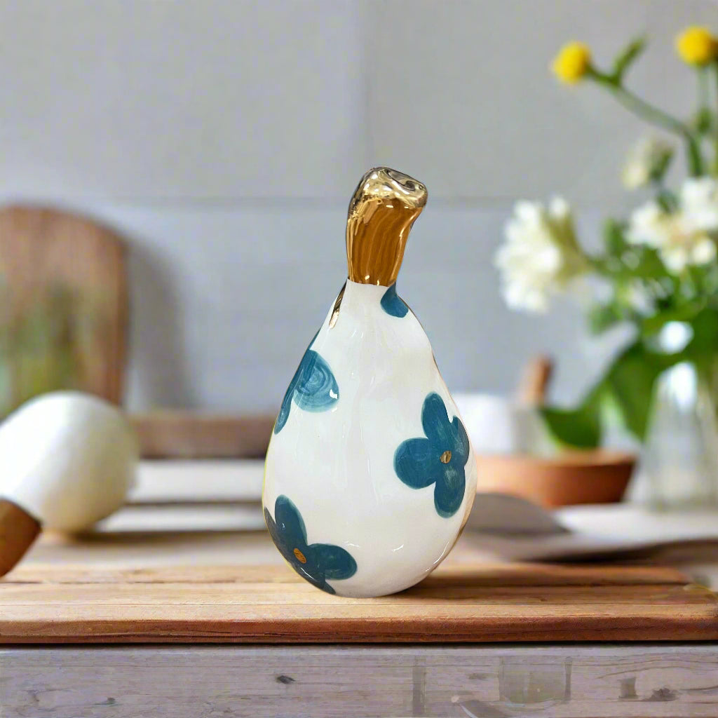 Medium Ceramic Pear with Golden Stalk - Green Flower