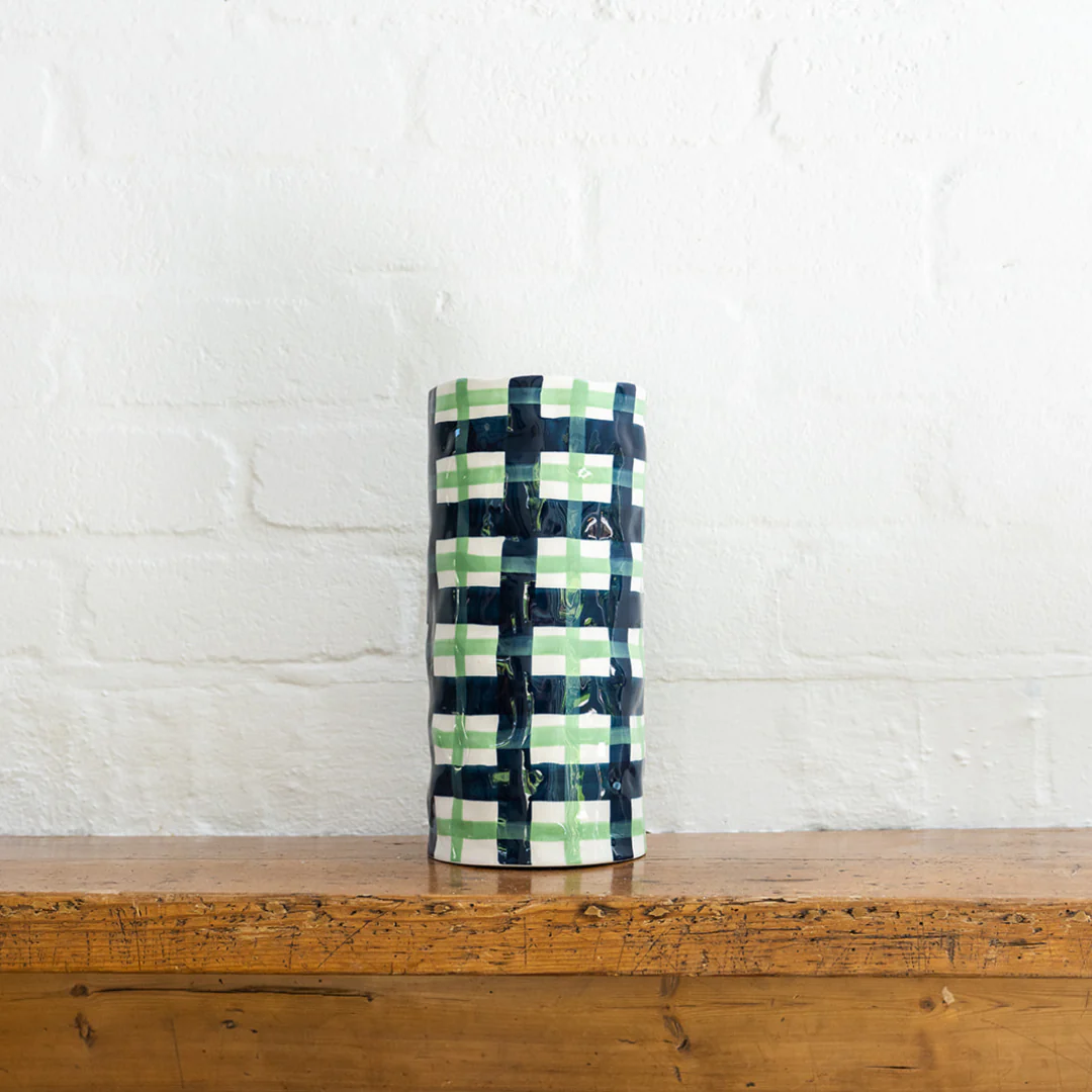 Large Gingham Vase - Navy & Mint Green