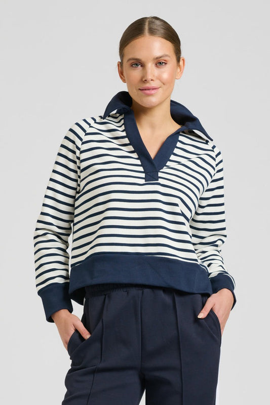 Rugby Cotton Crop Sweatshirt - French Navy Stripe