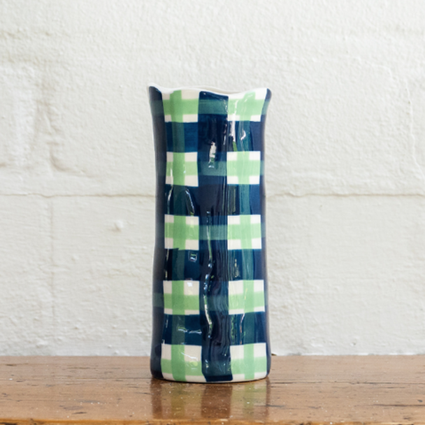 Small Gingham Vase - Navy & Green