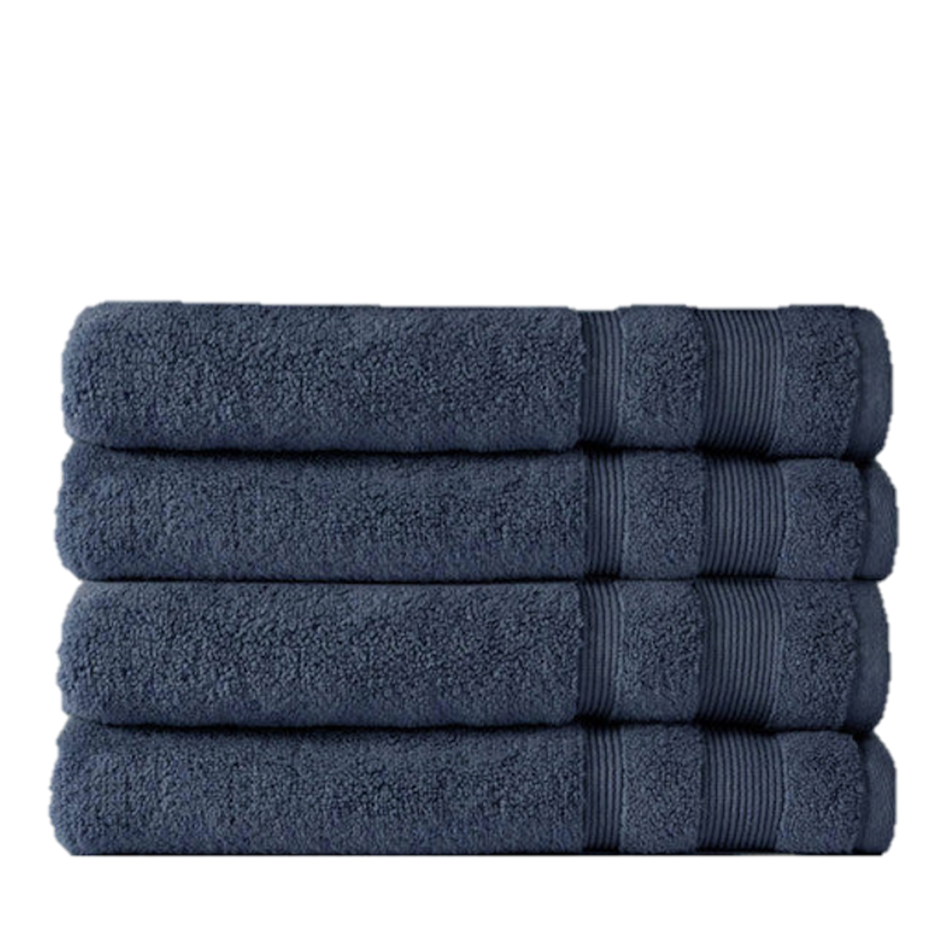 A stack of super-soft Canningvale Amalfitana Bath Towels, in plush navy blue, neatly folded on a white background.