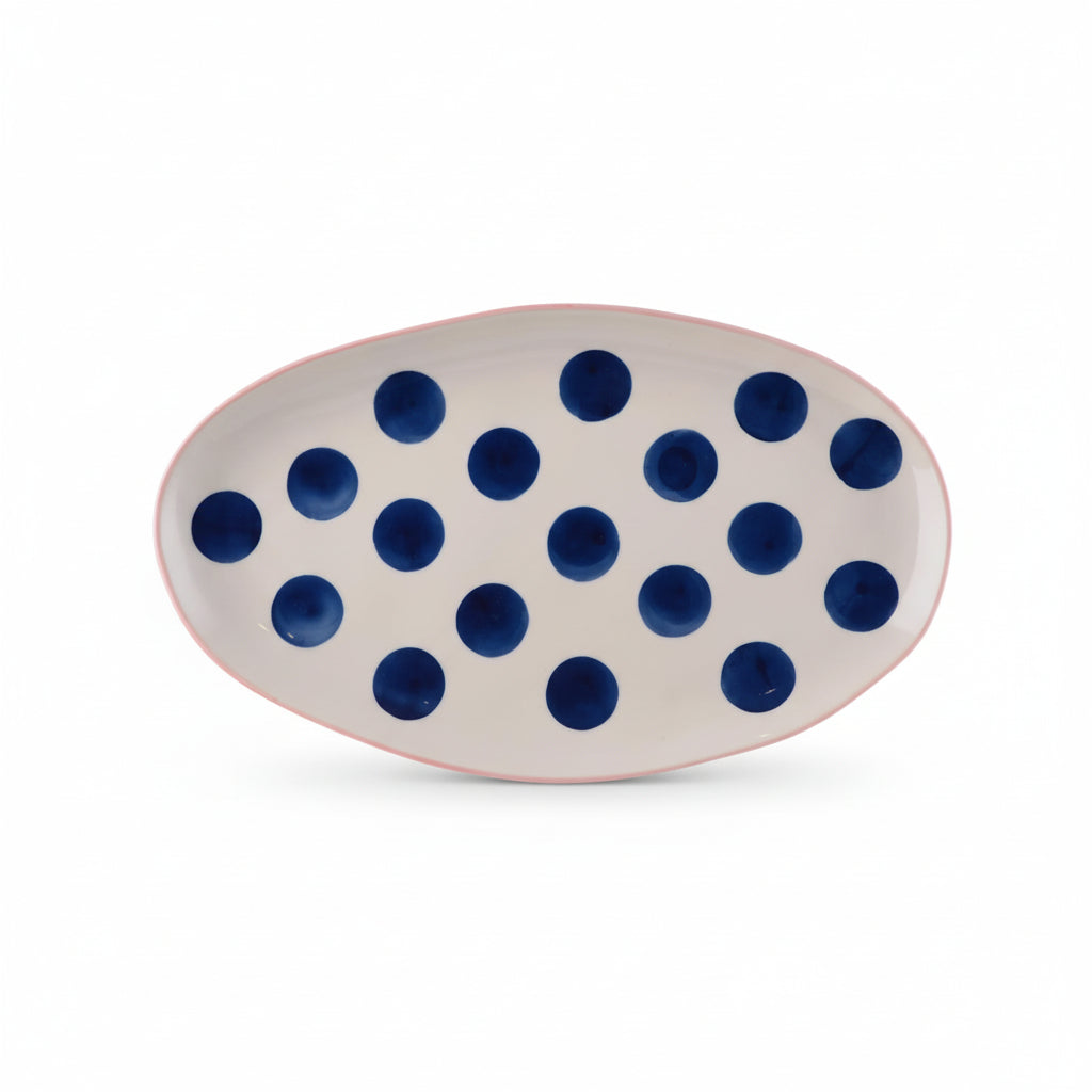 Small Oval Platter - Pink Rim and Navy Dots