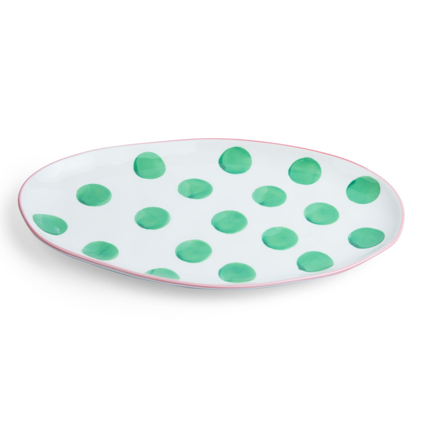 Small Oval Platter – Green Spots & Pink Rim