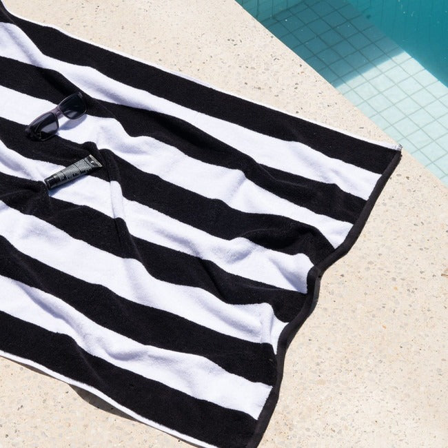 Striped Cabana Cotton Terry Beach Towel - Black