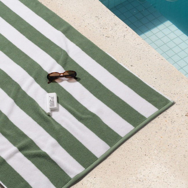 Striped Cabana Cotton Terry Beach Towel - Olive