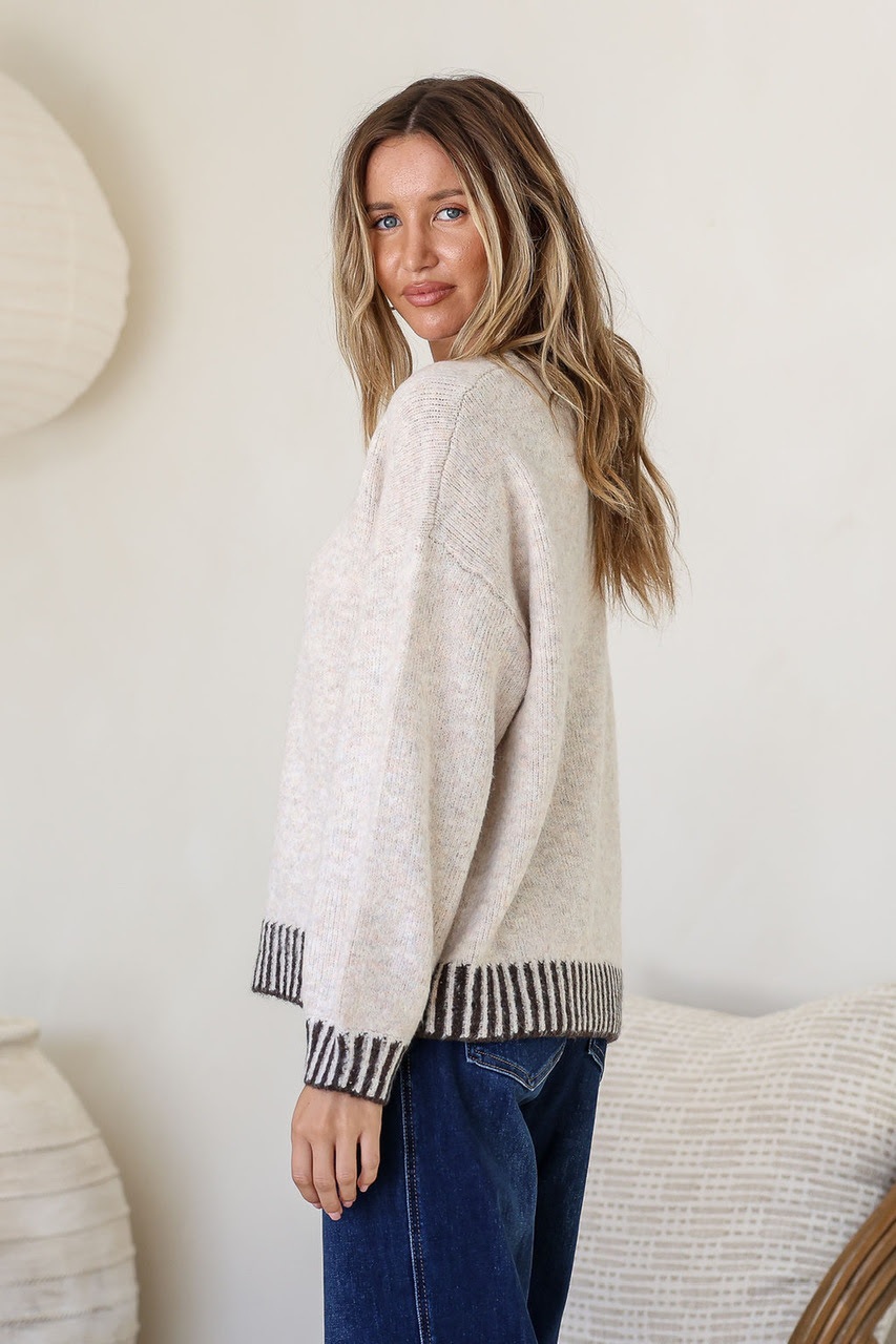 Tilly Crew Neck Blanket Stitch Knit - Latte/Chocolate