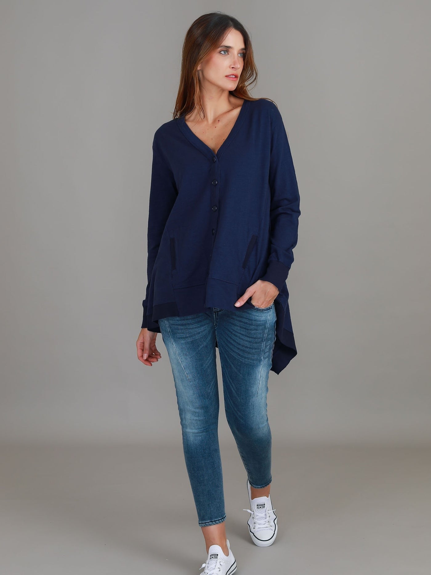 Weslie Long Sleeve Asymmetrical Cardigan - Navy