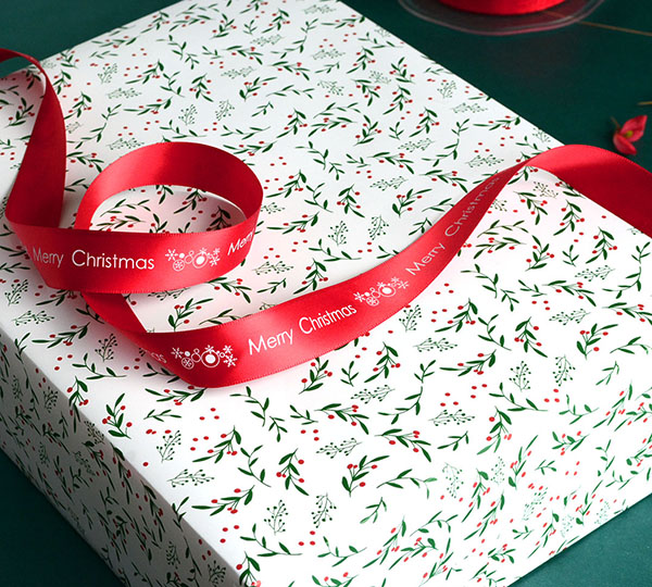 Xmas Holly Gift Wrap - Green/Red on White