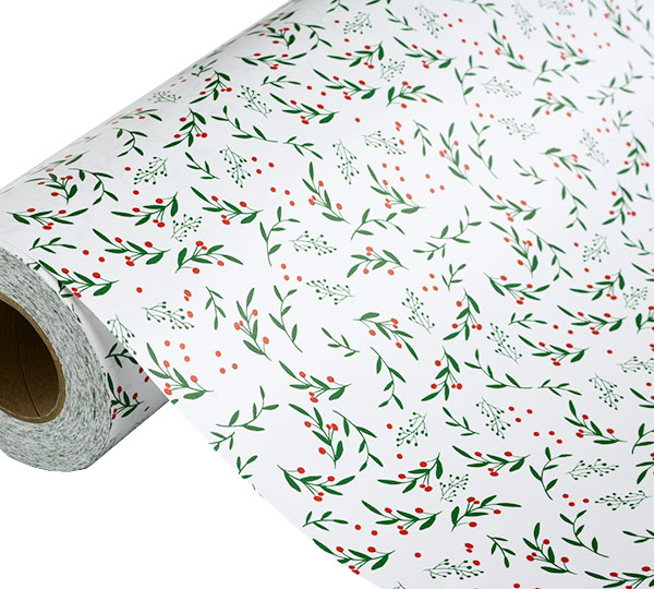 Xmas Holly Gift Wrap - Green/Red on White