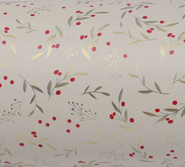 Xmas Holly Gift Wrap - Creme/Red/Gold On White