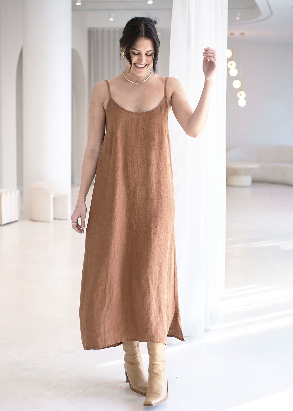 Fundamental Midi Linen Slip Dress - Nutmeg The Grace Collection Australia Fundamental Midi Linen Slip Dress - Nutmeg The Grace Collection Australia